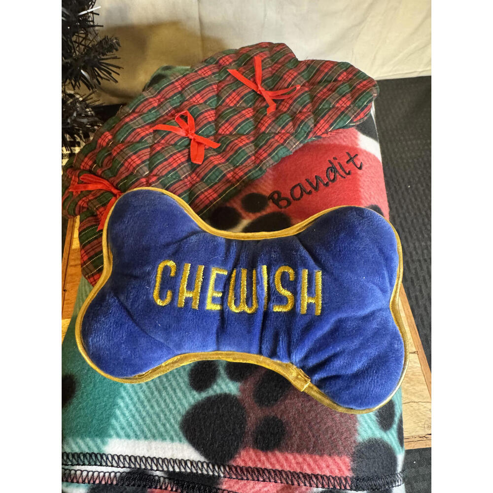 Holiday Dog Gift Set – Plush “Chewish” Bone Toy +Paw Print Blanket (Bandit) - Picture 2 of 5
